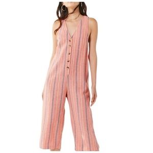 Urban Outfitters Orange Striped jordan Jumpsuit V-Neck Button Front Wide Leg L